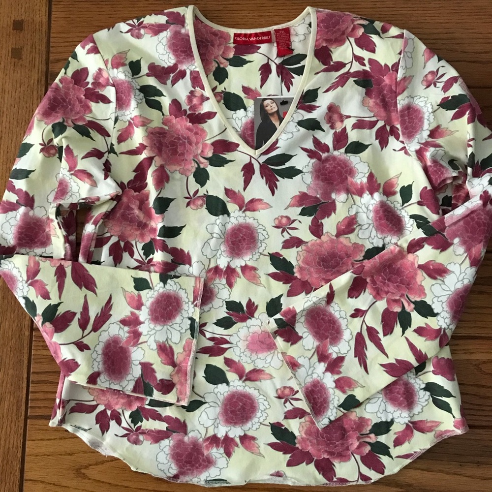 PXL Floral top Long sleeve Gloria Vanderbilt stretch Beige Pink & green NWT